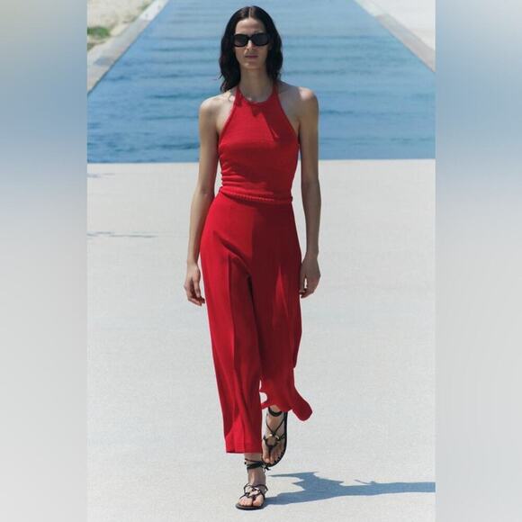 Zara RED WIDE LEG CROPPED PANTS - Picture 6 of 14